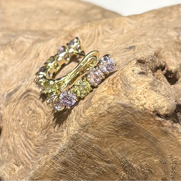 Multicolor Pastel Purple Pink Yellow Gemstone Hoop Gold Tone Earrings - Picture 6 of 15